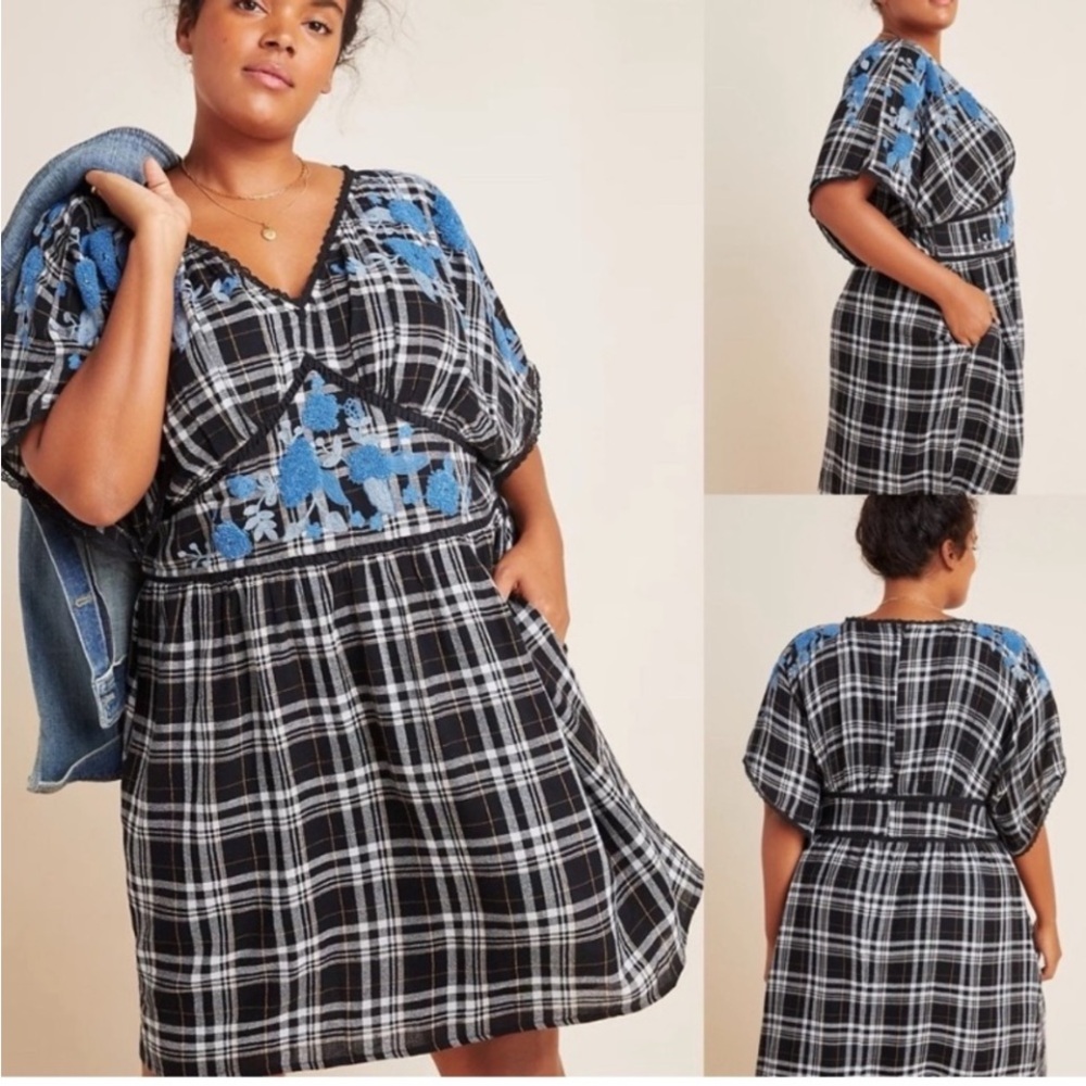Anthropologie Sarah plaid embroidered tunic dress size 18